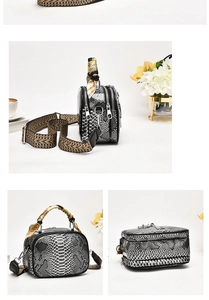 Detail of python pattern leather bag with decorative scarf and wide woven shoulder strap