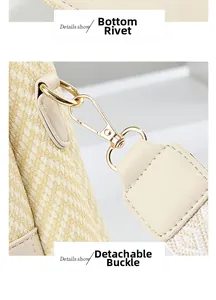 Macro view of beige woven bucket bag showing bottom studs and detachable gold clasp