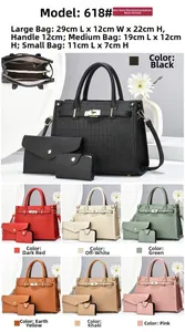 Detailed view of crocodile pattern handbag set with dimensions and multiple color options
