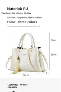 Vue détaillée du sac à main beige en PU avec motif gaufré et dimensions indiquées