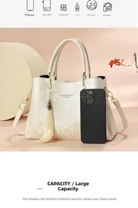 Détail de la grande capacité du sac à main blanc gaufré avec un smartphone pour comparer la taille