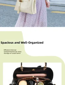 Detail view of large capacity beige tote bag with multi-compartment interior and fan tassel