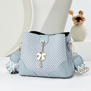 Woven Texture Bucket Bag For Women With PU Leather Trim Bow Pendant Wide Jacquard Strap Crossbody Shoulder Handbag