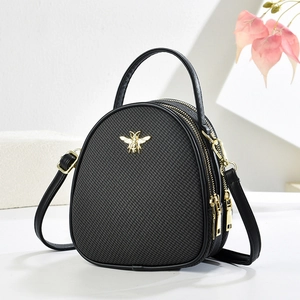 Women Woven PU Leather Shoulder Crossbody Bag With Golden Bee Decor Multi Zipper Layer Retro Mini Handbag Daily Chic Fashion