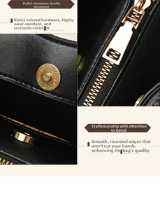 Detail of premium gold-tone metal zipper and smooth edge finish on black leather bag