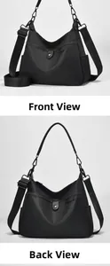 Vorder- und Rückansicht einer schwarzen Nylon-Tasche mit verstellbaren Trägern und Taschen