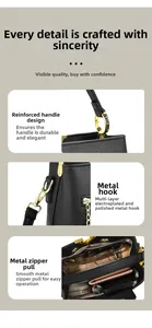 Détails d'un sac à main noir en cuir litchi avec ferrures dorées et poignée renforcée