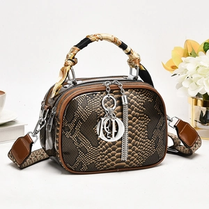 Brown snake skin leather handbag with silk scarf handle and woven strap for women