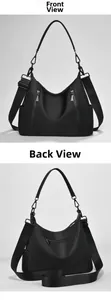 Vorder- und Rückansicht einer schwarzen Hobo-Tasche mit Reißverschlüssen und Doppelgurten