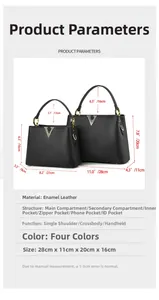 Guide des tailles détaillé pour sacs à bandoulière noirs montrant dimensions et structure