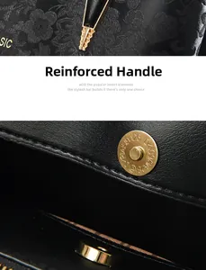 Detail of floral embossed texture with gold metal hardware and reinforced handle of handbag