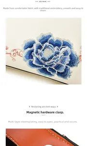 Detail of elegant floral embroidery and silver magnetic clasp on white leather handbag
