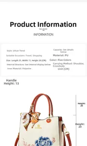 Detailed size chart of an elegant off-white embroidered handbag with blue floral motifs