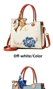 Detail of elegant floral embroidery on beige and light blue handbags with silk scarves
