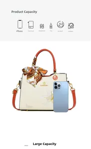 Détail du sac cabas brodé blanc crème avec poignée orange et foulard en soie élégant