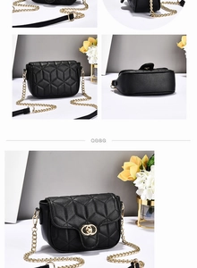 Detailed views of black quilted chain shoulder bag with geometric stitching and gold hardware
