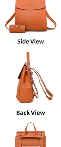 Drei Ansichten eines braunen Rucksacks aus strukturiertem Leder mit passender Handtasche
