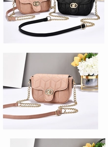 Detail showing hexagon quilted pattern and metal buckle on pink and black chain bags