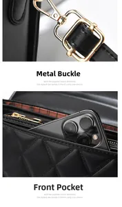 Détail du sac à main matelassé noir avec boucle dorée et poche avant pour téléphone mobile
