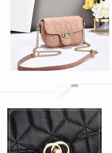Detail of diamond quilted crossbody bag with golden chain strap and ring buckle closure
