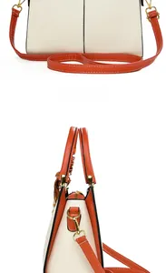 Vue détaillée du sac à main en cuir crème et orange avec ferrures dorées et foulard
