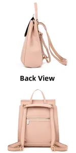 Detailansicht des rosa Lederrucksacks mit Diebstahlsicherungstasche und Seitenprofil