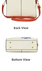 Detail showing the bottom metal studs and the back of an elegant cream embroidered handbag