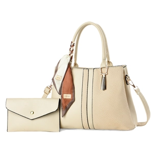 Beige faux leather handbag set with woven texture and fashion scarf handle decor