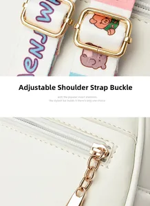 Detail of adjustable fabric shoulder strap with cartoon bear and golden zipper hardware