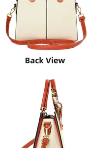 Detail view of the bi-color handbag back and side showing golden hardware and printed scarf