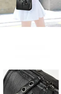 Detail of a black PU leather bag showing the smooth zipper and metallic hardware parts
