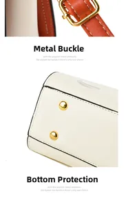 Détail de la bandoulière en cuir orange avec coutures blanches et boucles dorées