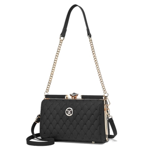 Pochette de soirée matelassée noire avec fermoir strass et bandoulière en chaîne