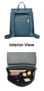 Innenansicht des blauen Kunstleder-Rucksacks mit vielen Fächern und großem Fassungsvermögen