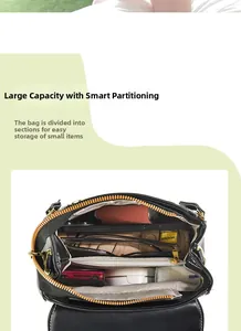 Interior view of black leather crossbody bag showing multiple organized compartments and zip pocket