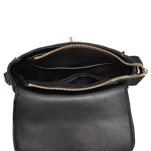 Black quilted shoulder bag with multi-layer interior compartments and gold metal zipper