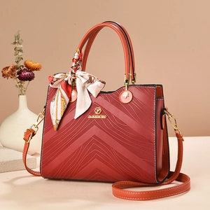 Women Fashion PU Leather Handbag V-Shaped Embossed Tote With Scarf Decor Shoulder Crossbody Bag Large Capacity Elegant