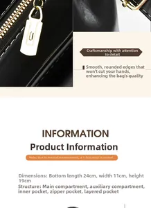 Detail of black leather handbag with gold hardware and internal storage structure info