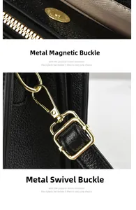 Detailed macro view of gold-tone magnetic buckle and swivel clasp on black pebbled leather