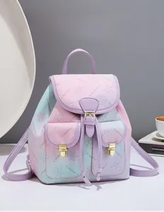 Detail view of large soft leather backpack with pastel floral print and buckle closure