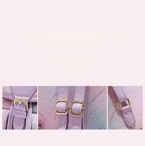 Macro shot of gold-tone buckles and D-rings on gradient purple textured leather bag