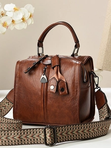 Vintage Women Boston Handbag PU Leather Retro Crossbody Bag Wide Bohemian Woven Shoulder Strap Multi Zipper Fashion