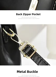 Detail of black pebbled leather crossbody bag with rear zipper pocket and gold hardware