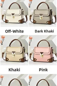 Detail showing four stylish colors of vintage shoulder bags with unique triangle buckle
