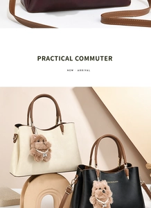 Three elegant textured leather handbags in burgundy, cream, and black with bear charms