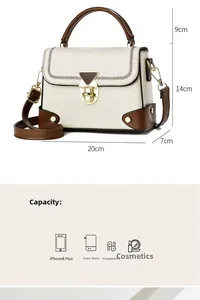 Detail view of contrast stitch shoulder bag showing 20x14x7cm size and daily storage capacity