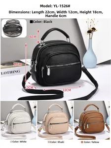 Detailed size specifications and color options for the compact multi-compartment handbag