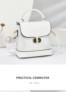 Detail of white checkered handbag with gold twist lock and commuter style aesthetic