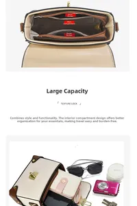 Detailed internal compartments of a contrast-color box bag with items showing large capacity