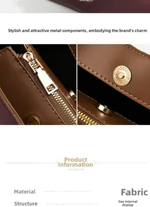 Detail of smooth metal zipper and magnetic snap on a brown fabric handbag for women